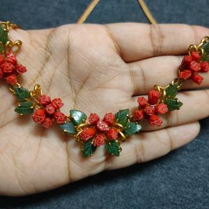 Pretty Red Coral And Green Jade Gold Plated Flower