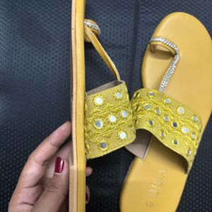 Biba (New) Yellow Embellished Open Toe Flats