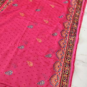 Beautiful Work Pink Saree Broad Blue Border 💙