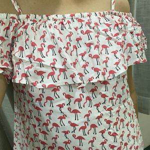 Flamingo Print White Off Shoulder Top! Just Fab!