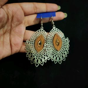 Wooden Silver Earrings (Artificial)