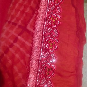 Wedding Wear Hot Red color saari with cutwork