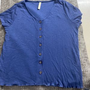 Stretchable Button Down Top in Blue Colour, Size M