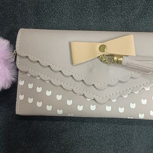 Grey Designed Clutch With Pompom