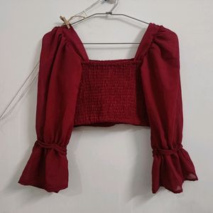 Elegant Red Crochet Puff Sleeve Top