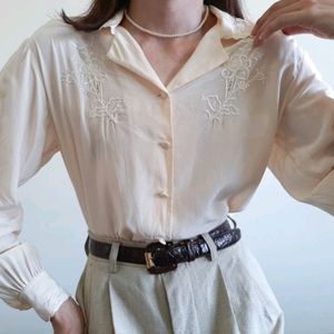 New Pinterest Beige Embroidery Silk Shirt