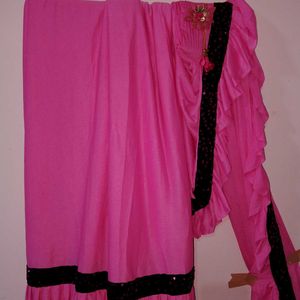 Pink raffuel saree with stitched blouse