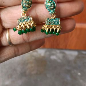 Dark Green And Golden Earrings