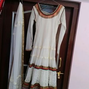 White Net Anarkali Suit With Dupatta