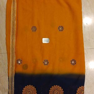 Saree Orange Blue With Blouse Material Neela