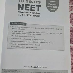 Previous 10 Years NEET Solved Papers(With Solution
