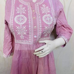 Pink Color Cotton Self Embroidered Kurta