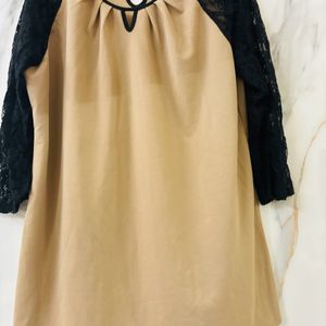 Beige Top With Black Net Sleeves