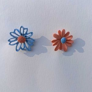 Korean Blue & Orange Floral Studs Earrings