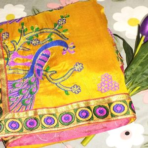 Beautiful Yellow And Pink Chanderi Silk Saree