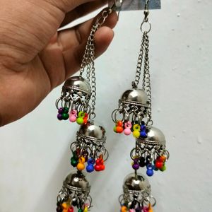 Triple Layered Multi Colour Long Jhumka Earrings