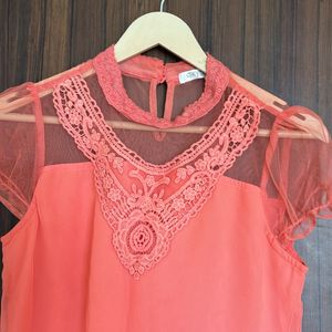 Pretty Peach Top With Yoke Embroidery Details