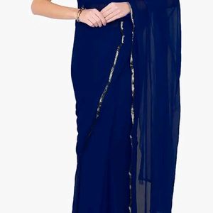 Dark Blue Chiffon Saree With Golden Border