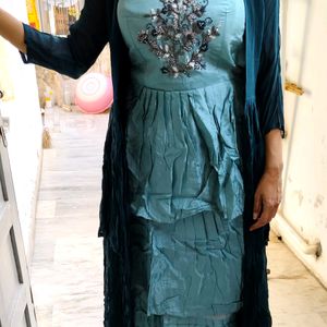 Dark Green And Light Colour Gown With Shru