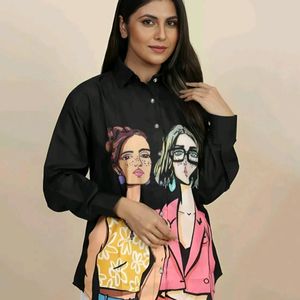 New Premium Satin Black Women Print Art Shirt