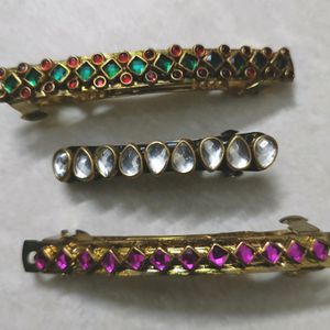 3 Handmade Kundan Hair Clips