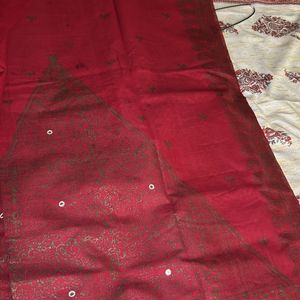 Deep Red Golden Printed Cotton Sari