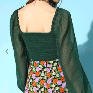 Berrylush Green Smocked Crop Top For Women