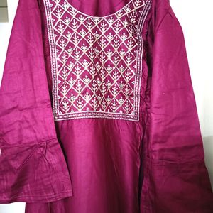 Sequence Neck Work Wine Cotton Stitched Kurta