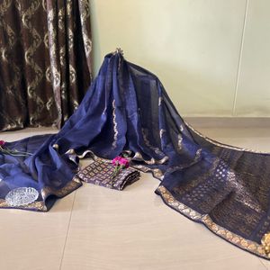 Blue Organza Silk  Saree Vth Blouse