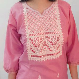 Pink Kurti With White Embroidery