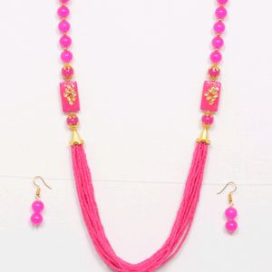 Pink Necklace With Earrings.        Jaipurjewelry, Kundanjewelry, Chokerset, Necklace, Women, Beauty, Forever 21, Chain, Earrings, Shein, Biba, Western, Ethnic Beadsnecklace, Peacockjewellery,