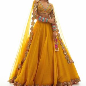 new Yellow unstitched lehnga with bag