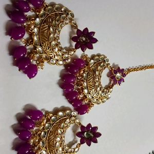 Purple Colour Kundan Earrings With Maangtika