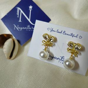 Korean Bow Earrings With Pearl Drop