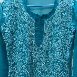 Sky Blue Chikankari Short Kurti