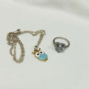 Owl Charm Pendant And Heart AD Ring