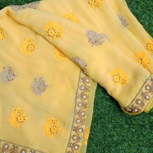 Beautiful Yellow Embroidered Saree Pure Chiffon