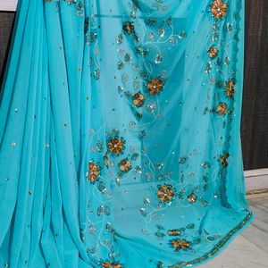 New Heavy Embroidered Stone Work Gorgette Saree