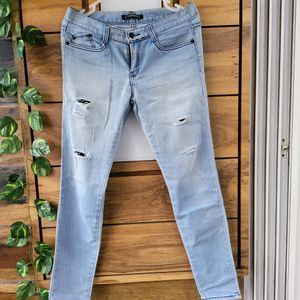 Mid Waist Light Blue Torned Denim For Women