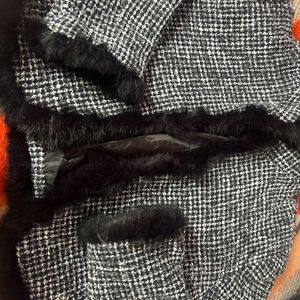 Black And White Tweed Cropped Fur Coat