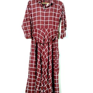 Vishudh Maroon Checked Long Dress (Women)