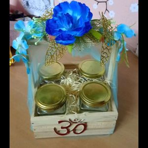 Decorated Wooden Basket With 4 Glass Jars