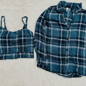 Blue Checks Shirt And Crop Top Combo