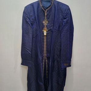 Long Jacket Sherwani With Work (Blue Jamewar)