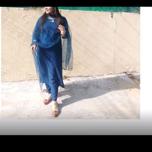 Beautiful Blue Kurti Pant With Net Duppta