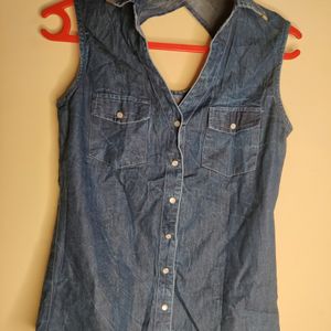 Sleeveless Branded Denim Shirt