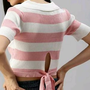 Ribbed Back Knote Striped Collar Neck Crop Top