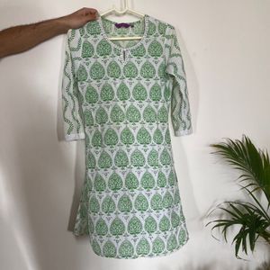 White And Green Floral Cotton Kurta