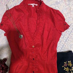 Red Fitted Shirt With Frills