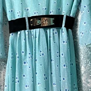 “Elegant Sky Blue Midi Dress with Black Belt”